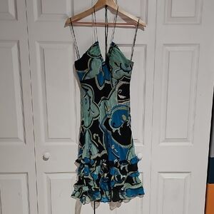 Sangria Silk Abstract Print Spaghetti Strap Dress | Ruffle Hem | Size 8